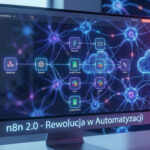 Ekran komputera z interfejsem n8n 2.0 pokazującym flowchart automatyzacji: Webhook, OpenAI, Google Sheets, Slack na tle sieci neuronowej i chmur obliczeniowych.