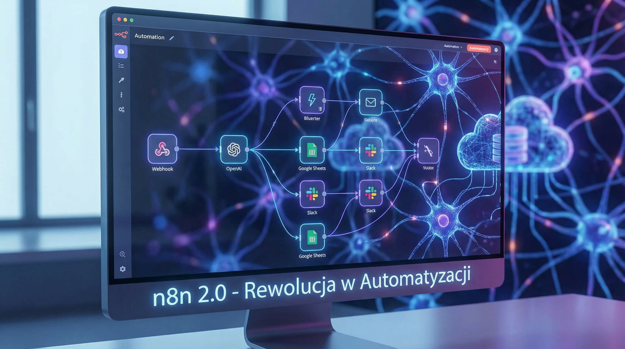 Ekran komputera z interfejsem n8n 2.0 pokazującym flowchart automatyzacji: Webhook, OpenAI, Google Sheets, Slack na tle sieci neuronowej i chmur obliczeniowych.